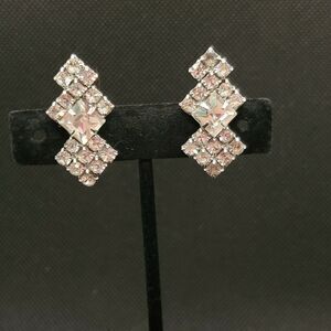 Vintage earrings clip prong set white rhinestone silver Old Hollywood